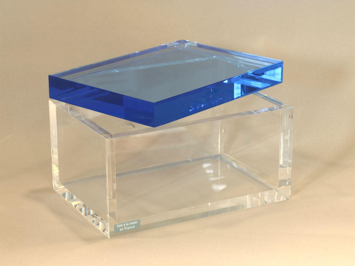Coffret boîte luxe incolore & azur en plexiglas translucide